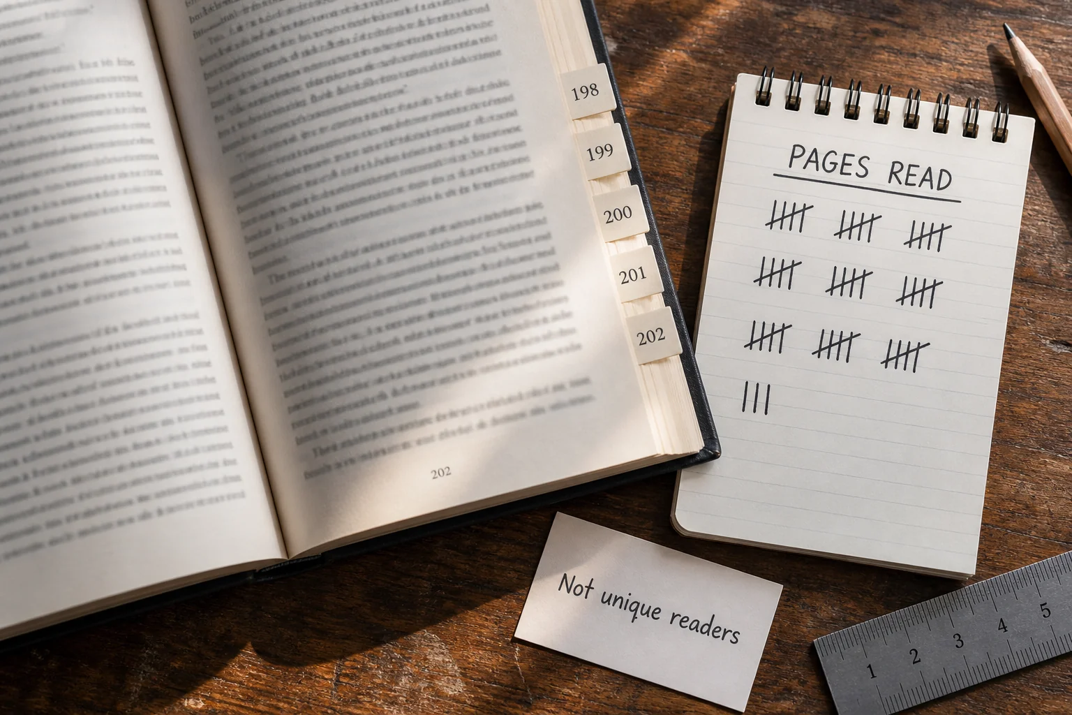 Page-read tally with a reminder that pages do not count unique readers