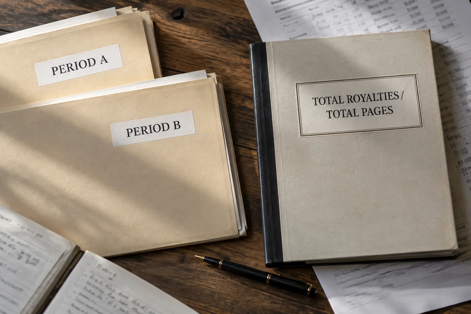 Two royalty periods beside a combined royalties-and-pages ledger