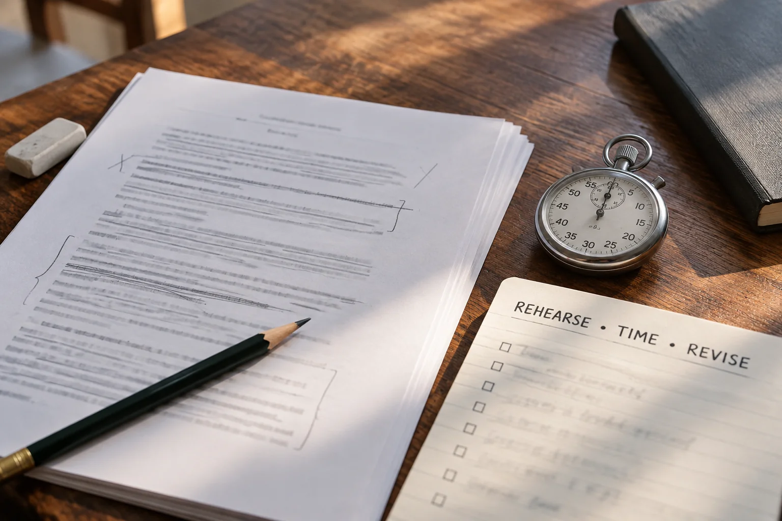 Reading script, stopwatch and rehearsal notes