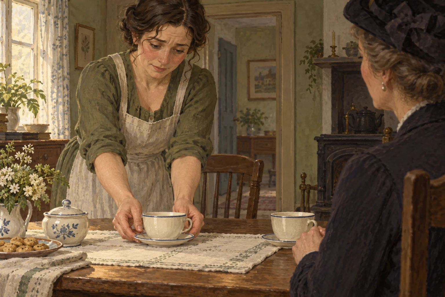 A host turns a cracked ivory teacup away from her guest while serving tea.