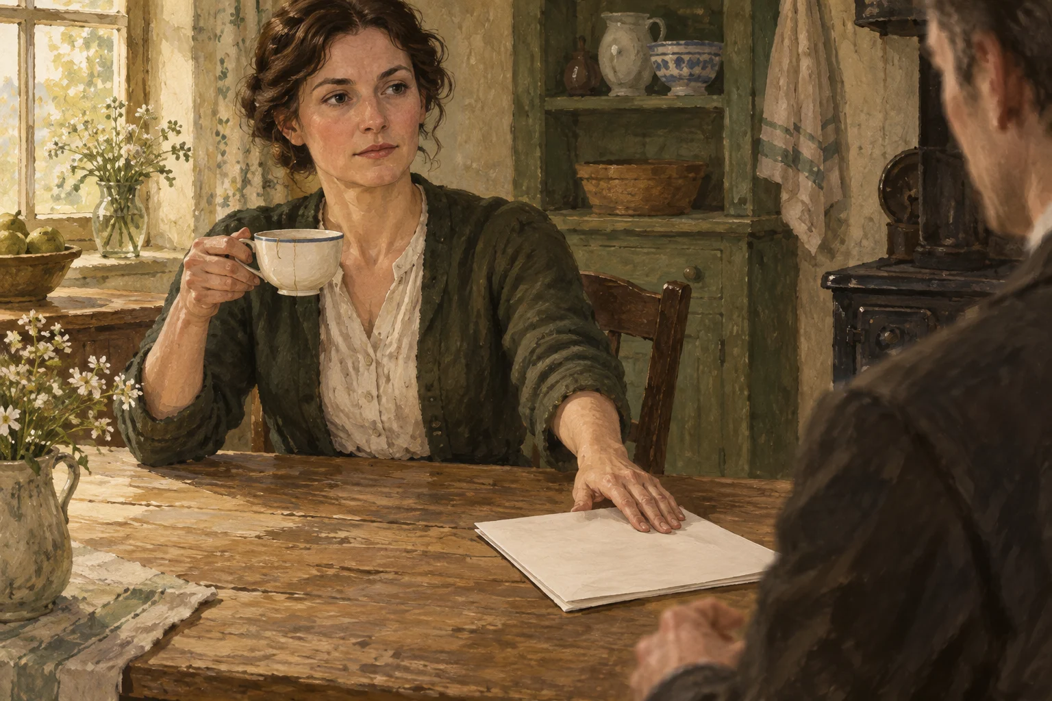 A woman holds an ivory cup while pushing a document toward another person across the table.