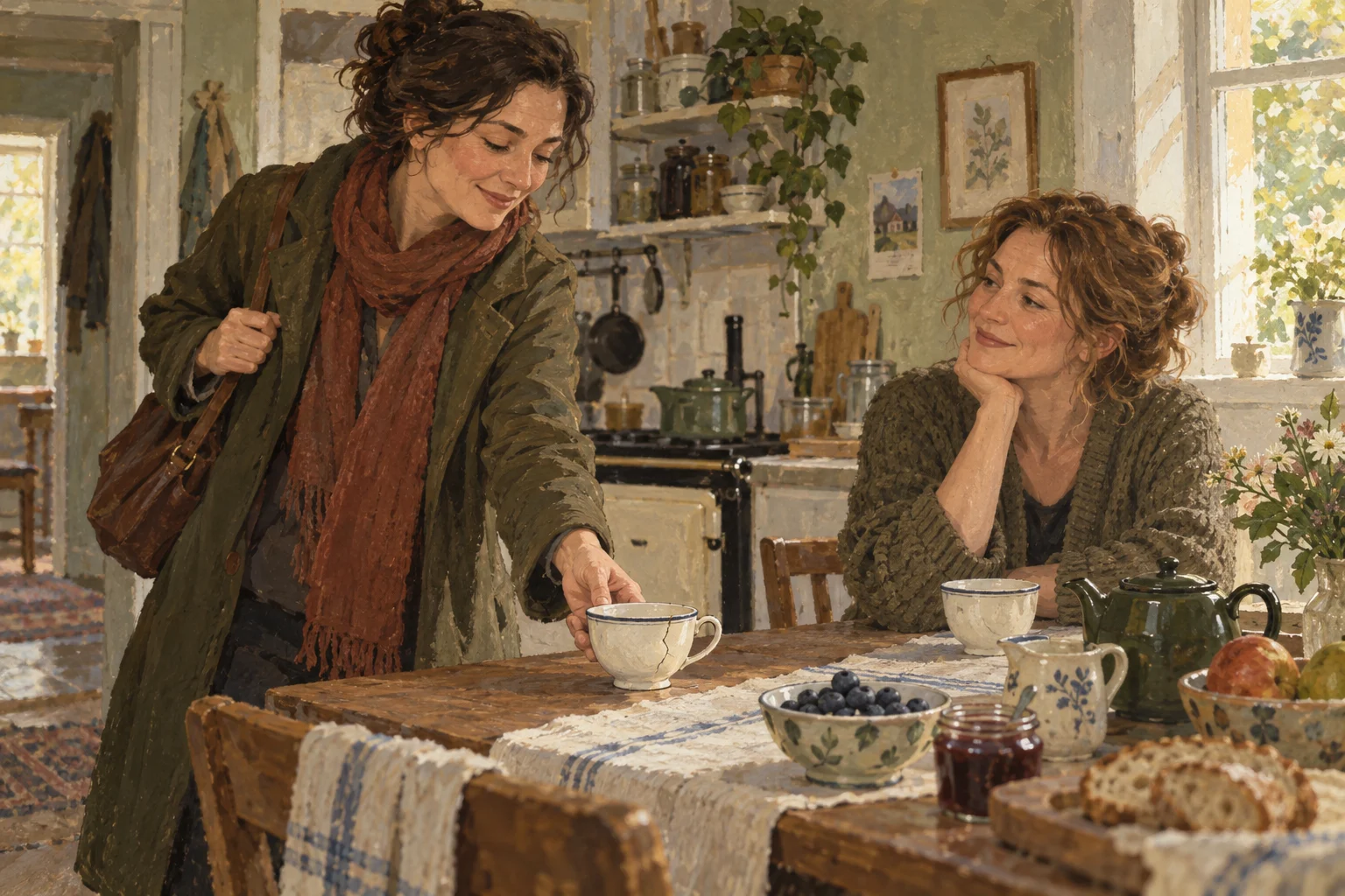 One sister deliberately chooses the familiar cracked cup during breakfast with the other.