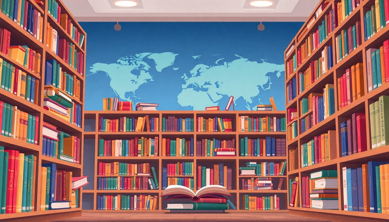 Library showing books in multiple languages