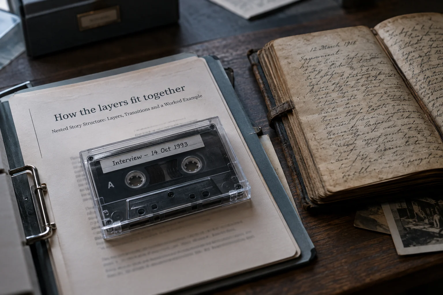 Hearing folder, recording and older journal representing nested story layers