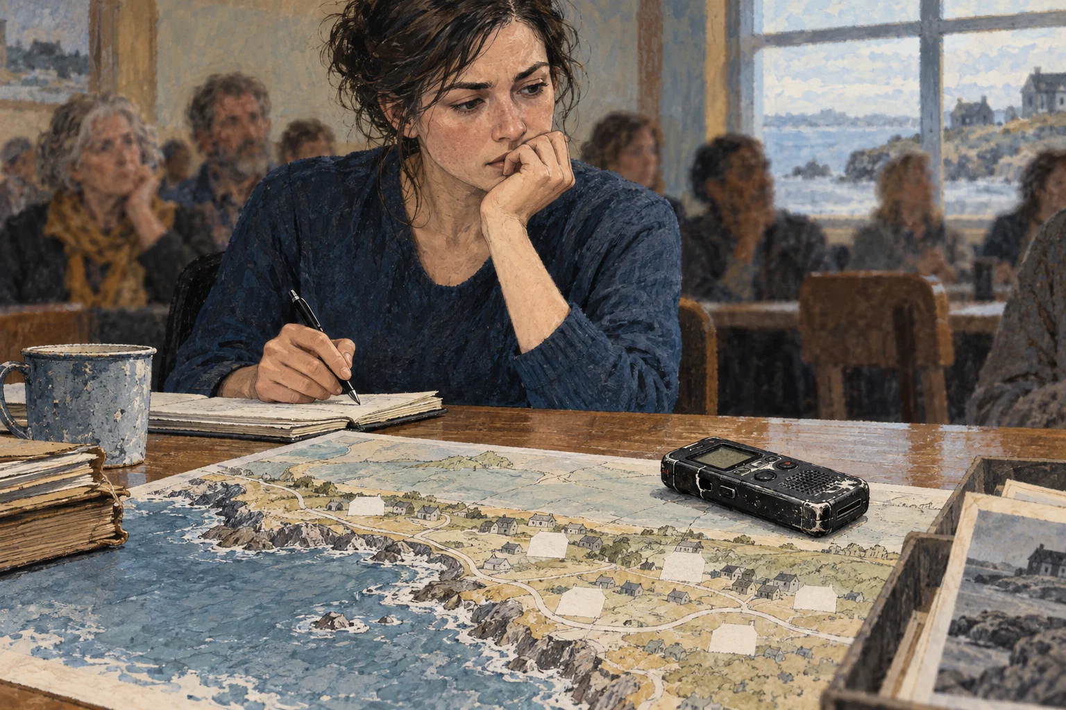 A woman studies a torn coastal map with a recorder lying beside it.