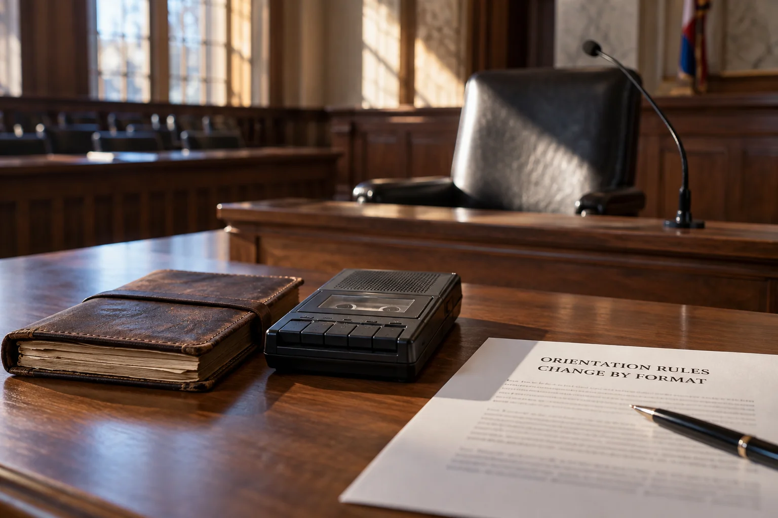 Journal and recorder beside a new decision sheet in a hearing room