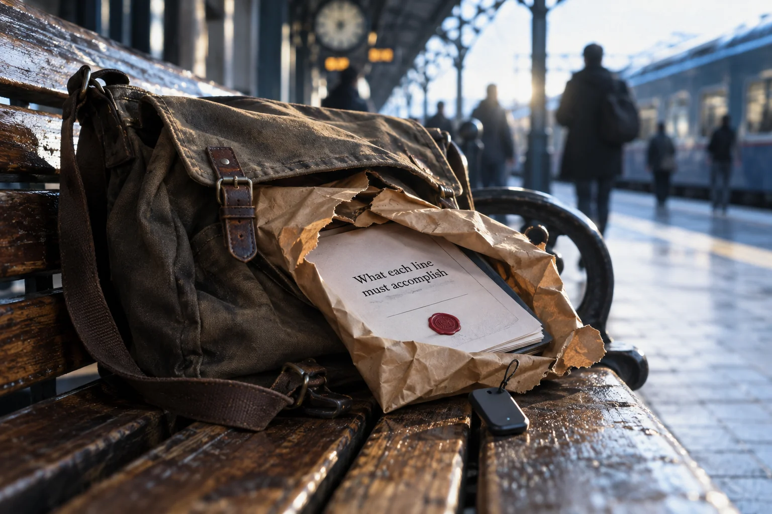 Opened parcel and tracking tag on a station bench