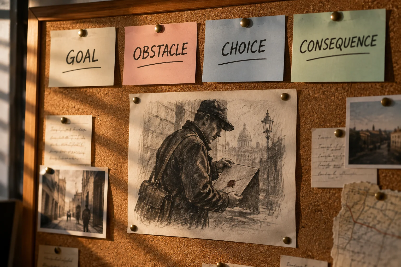 Courier scene plan with goal, obstacle, choice and consequence cards