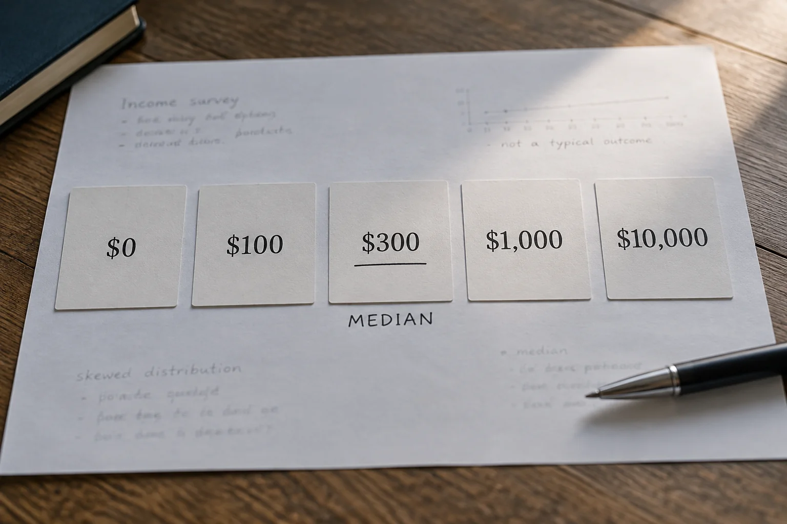 Five income examples with the middle value of $300 underlined