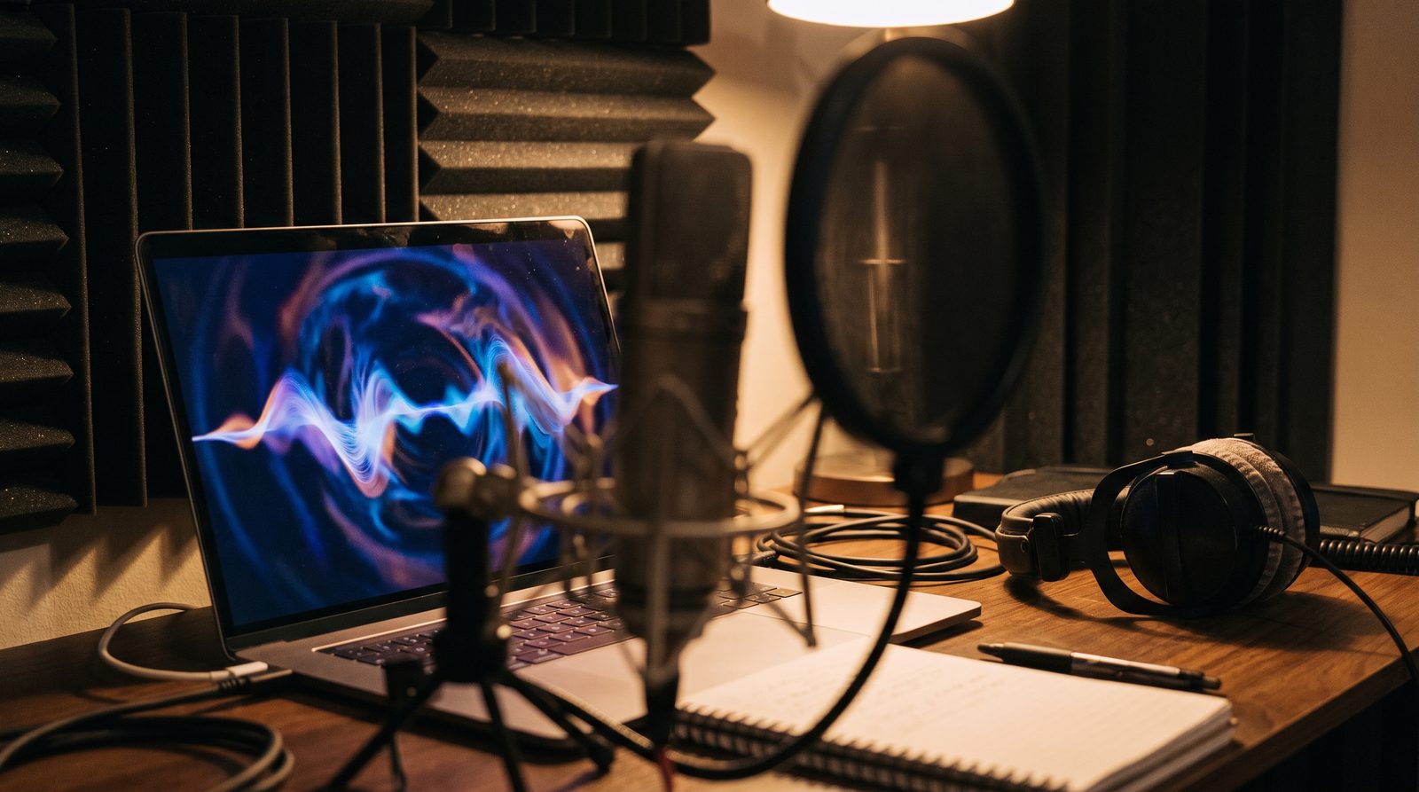 Audiobook production with AI narration on a laptop with headphones
