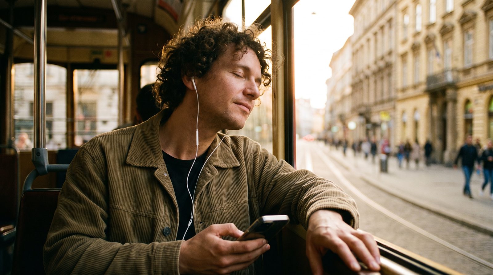 Listener enjoying an audiobook while commuting