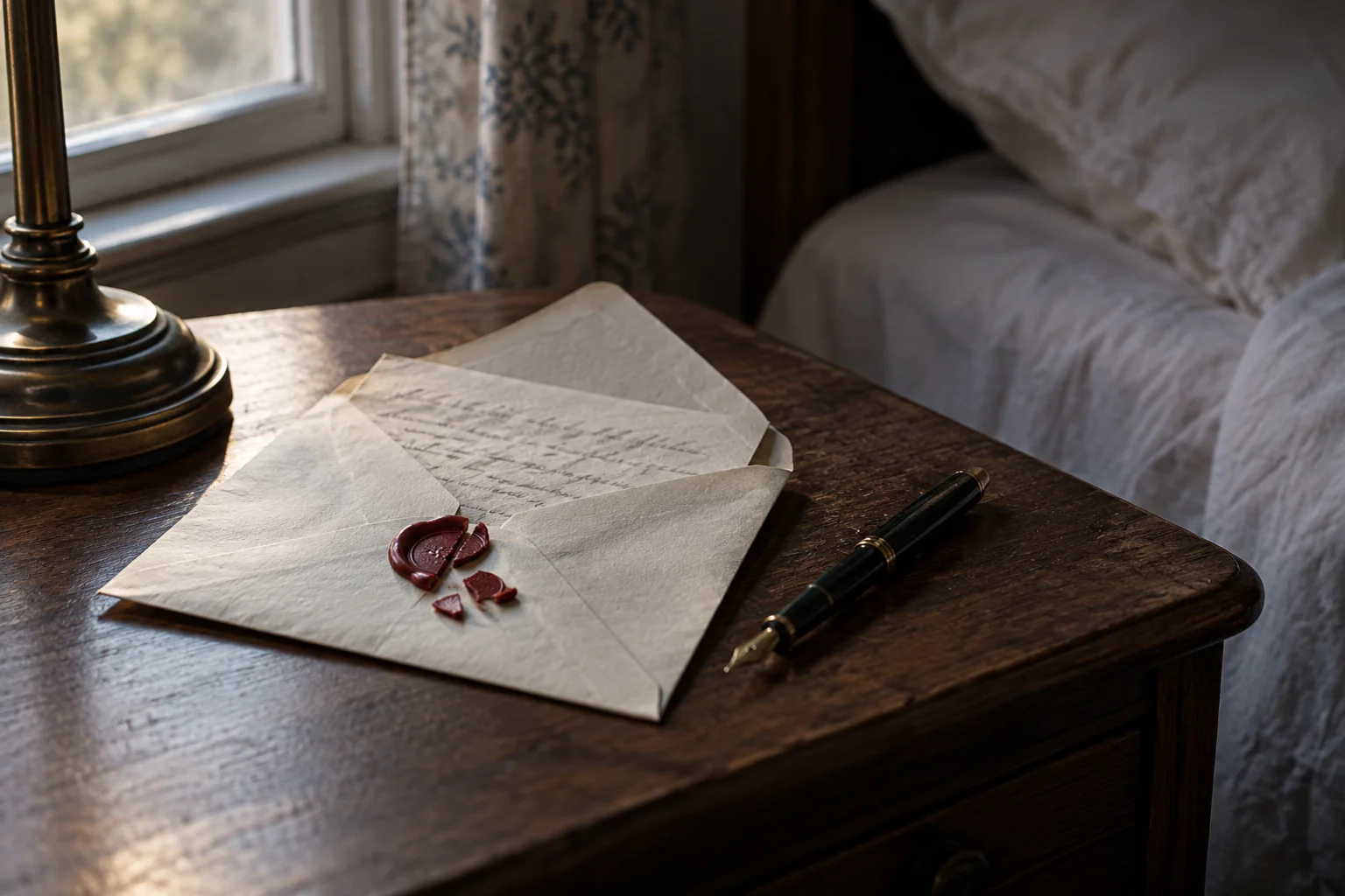 Opened letter and broken seal beside a pen