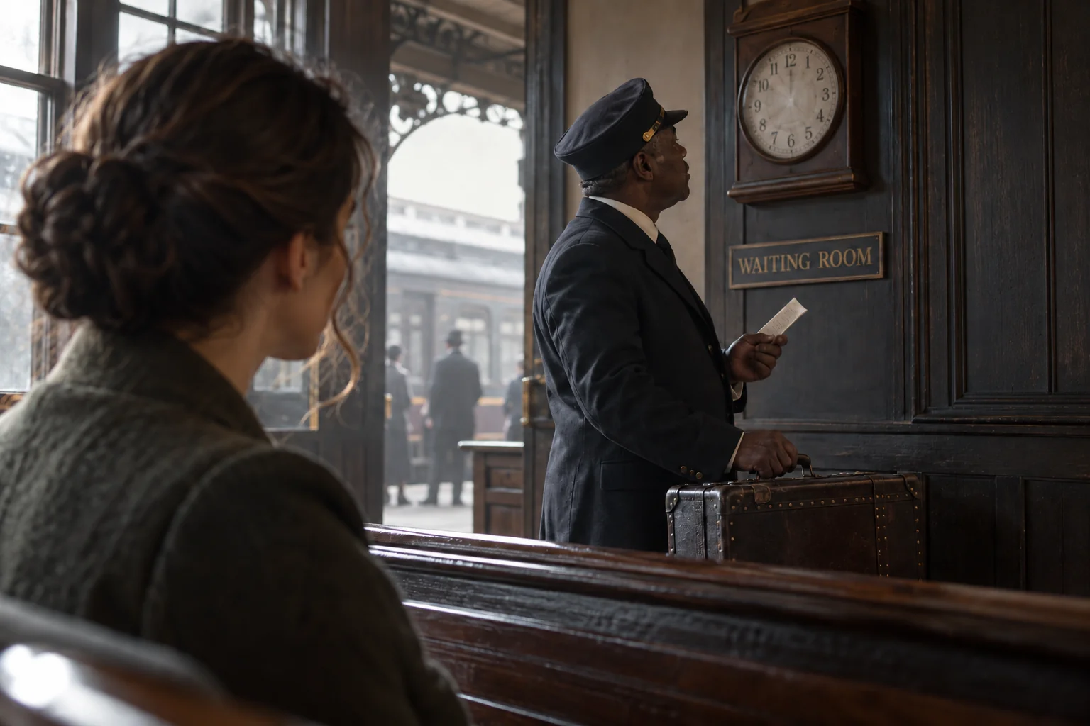 Woman observing a porter holding a folded note in a station