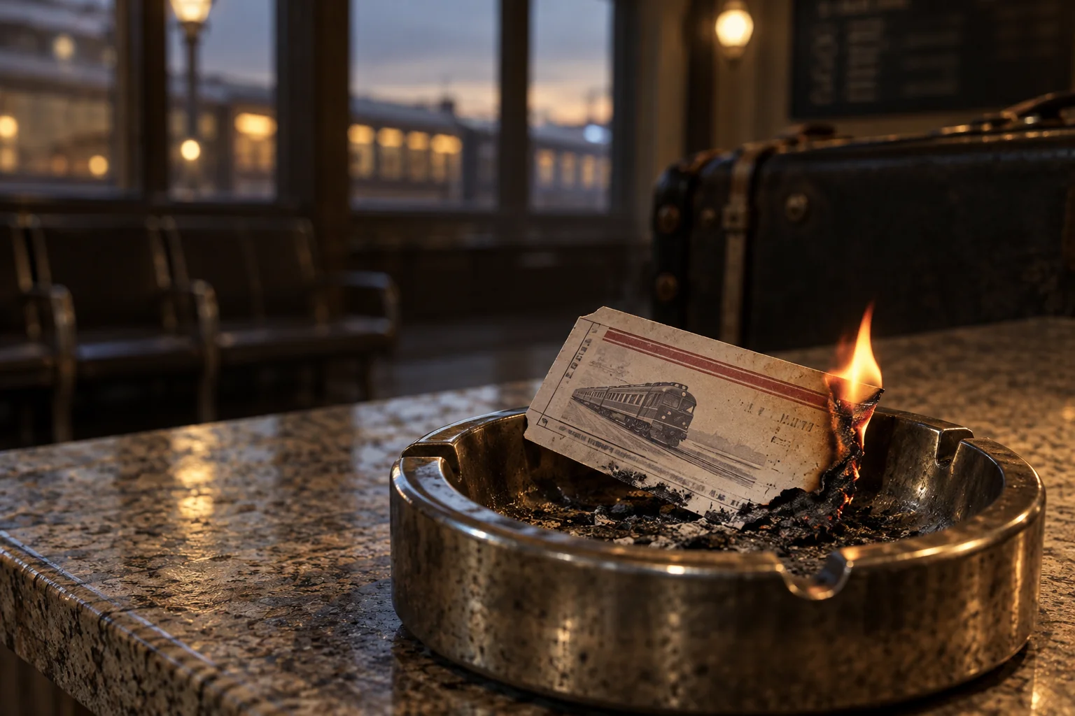 Train ticket beginning to burn in a metal ashtray