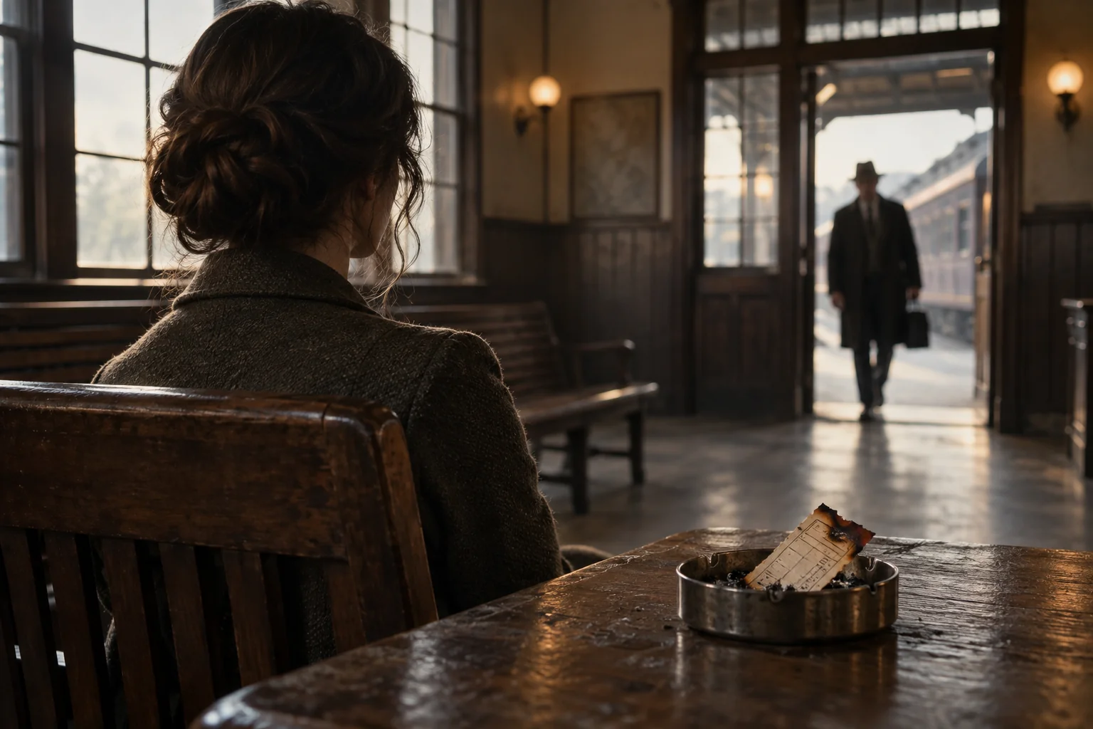 Woman in a waiting room with a burned ticket and an approaching man