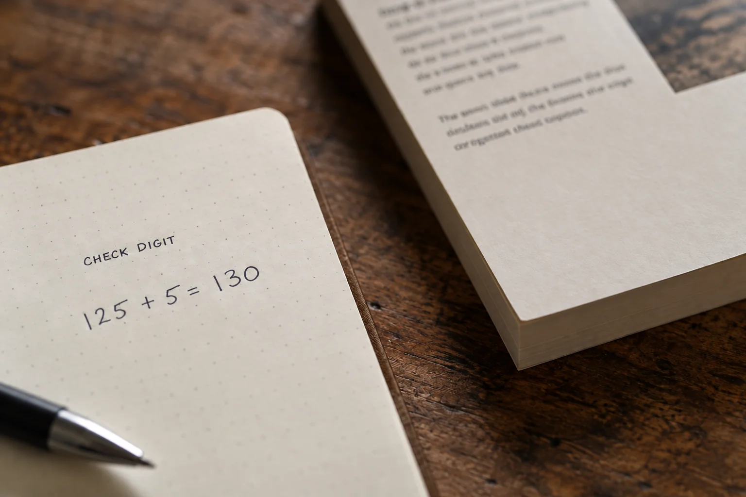 ISBN check-digit notebook showing 125 plus 5 equals 130