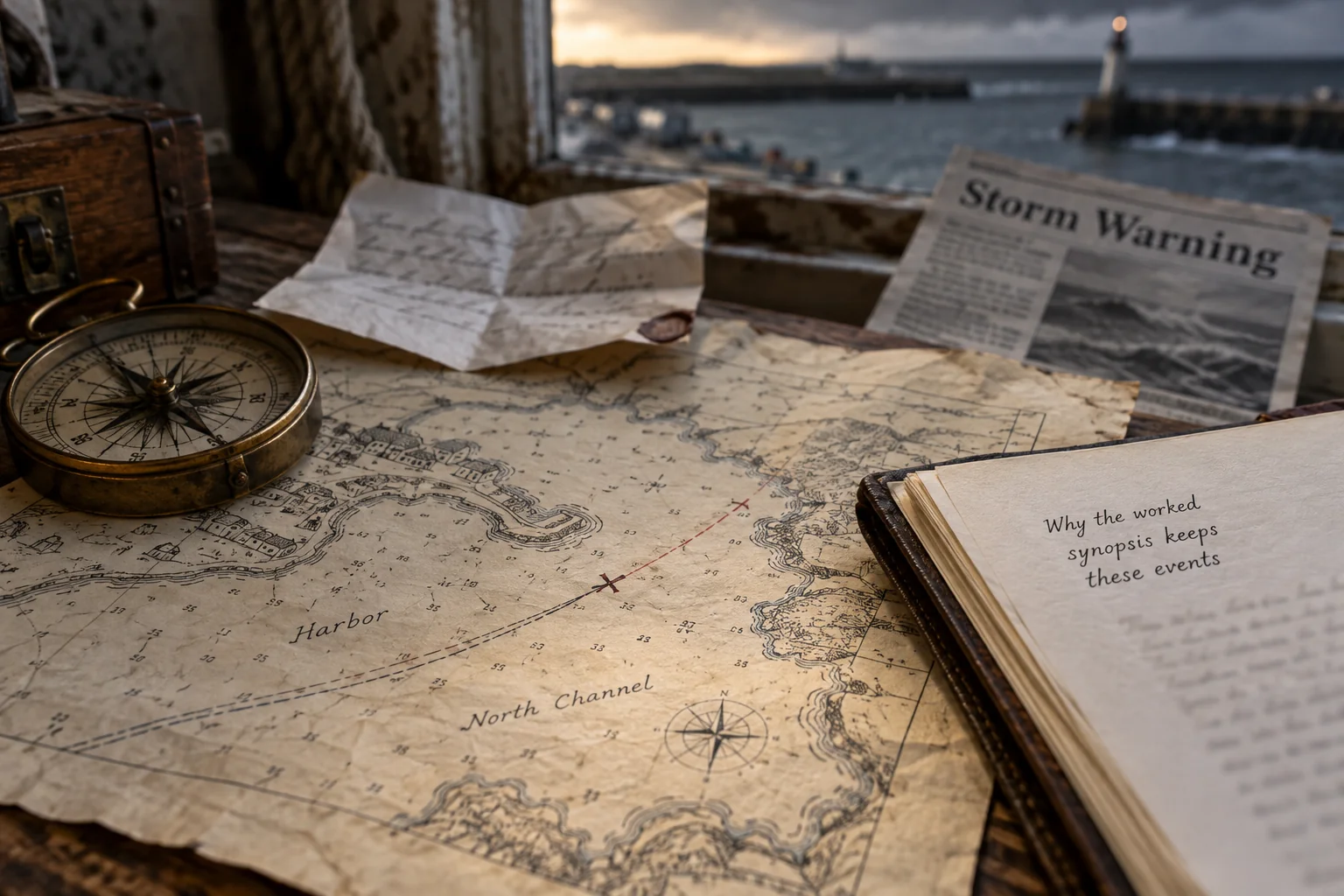 A harbor map, compass, sealed note and storm-warning newspaper lie on a desk.