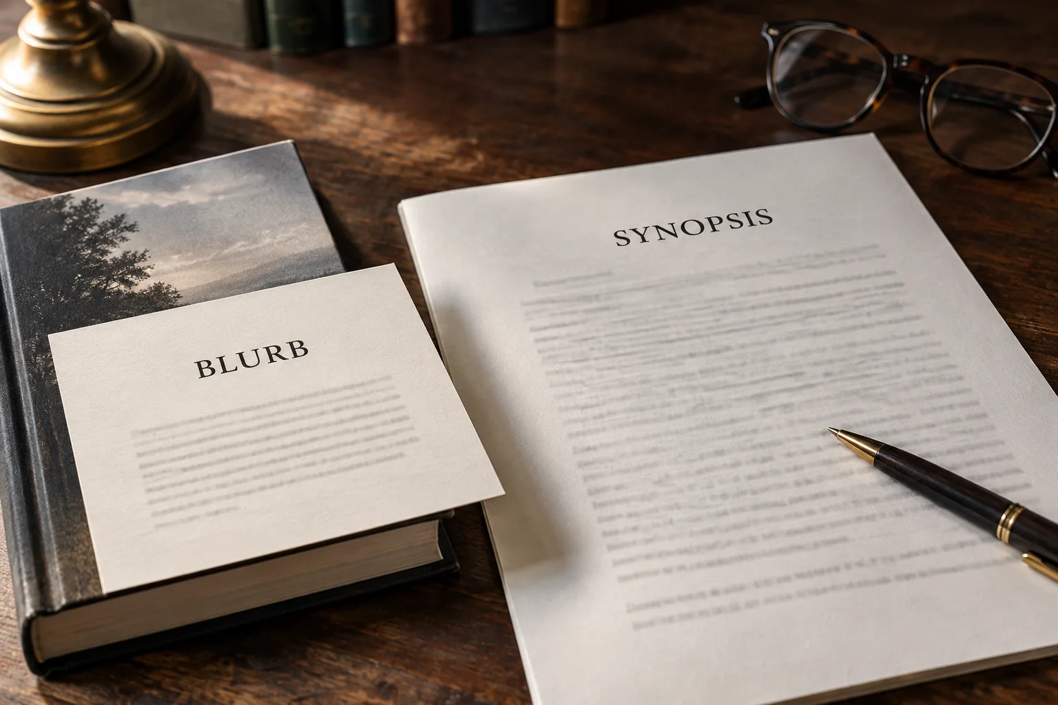 Short blurb card beside a longer synopsis page