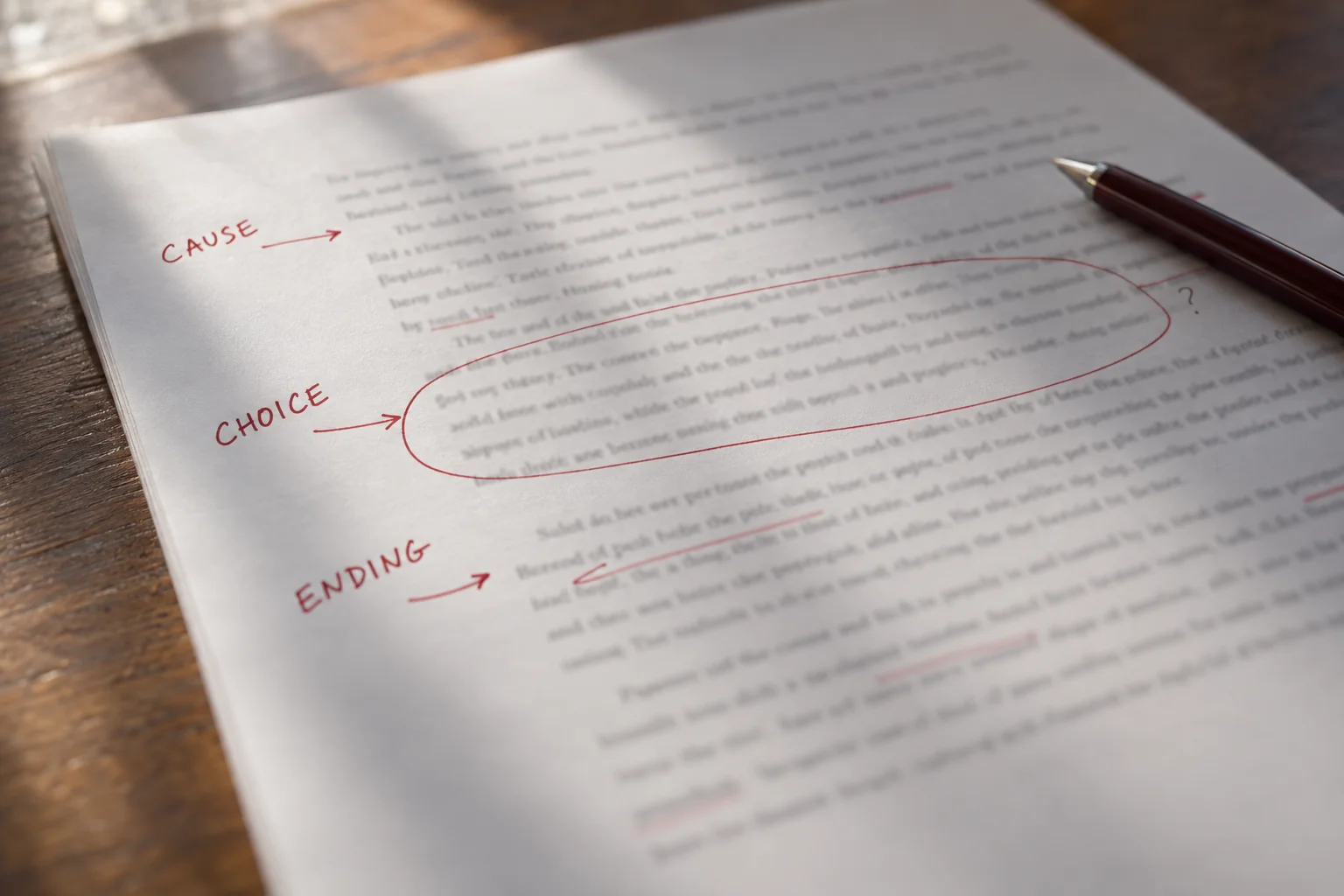 Synopsis draft annotated with Cause, Choice and Ending