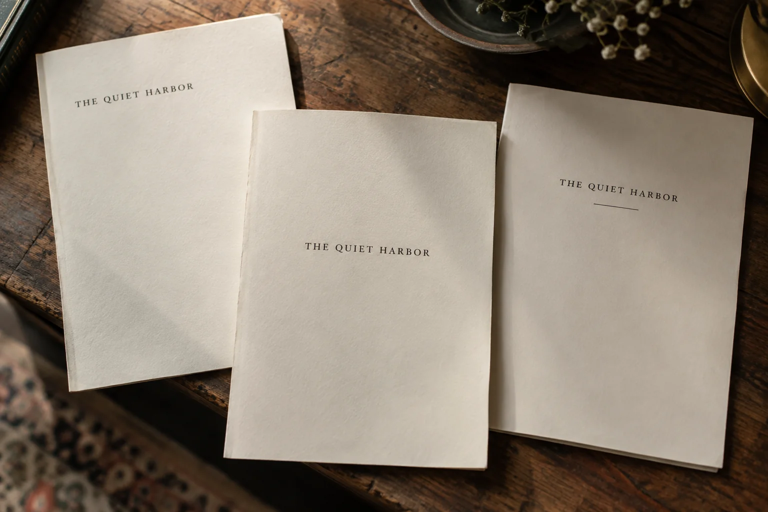 Three layouts of the half title The Quiet Harbor