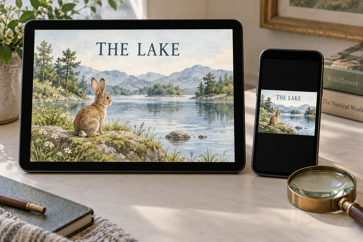 The same illustrated page shown on a tablet and smaller phone
