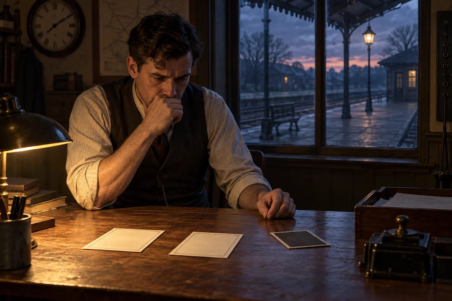 A fictional railway clerk considers two papers at an empty station desk after dark.