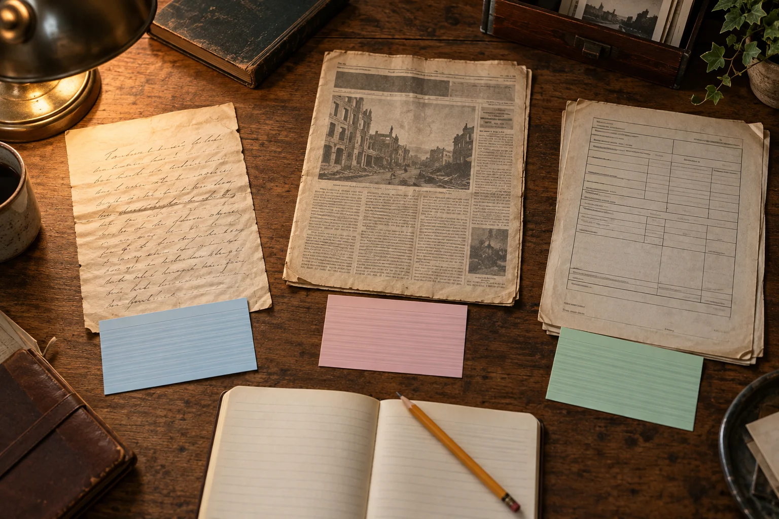 A letter, newspaper and administrative form arranged beside separate research notes.