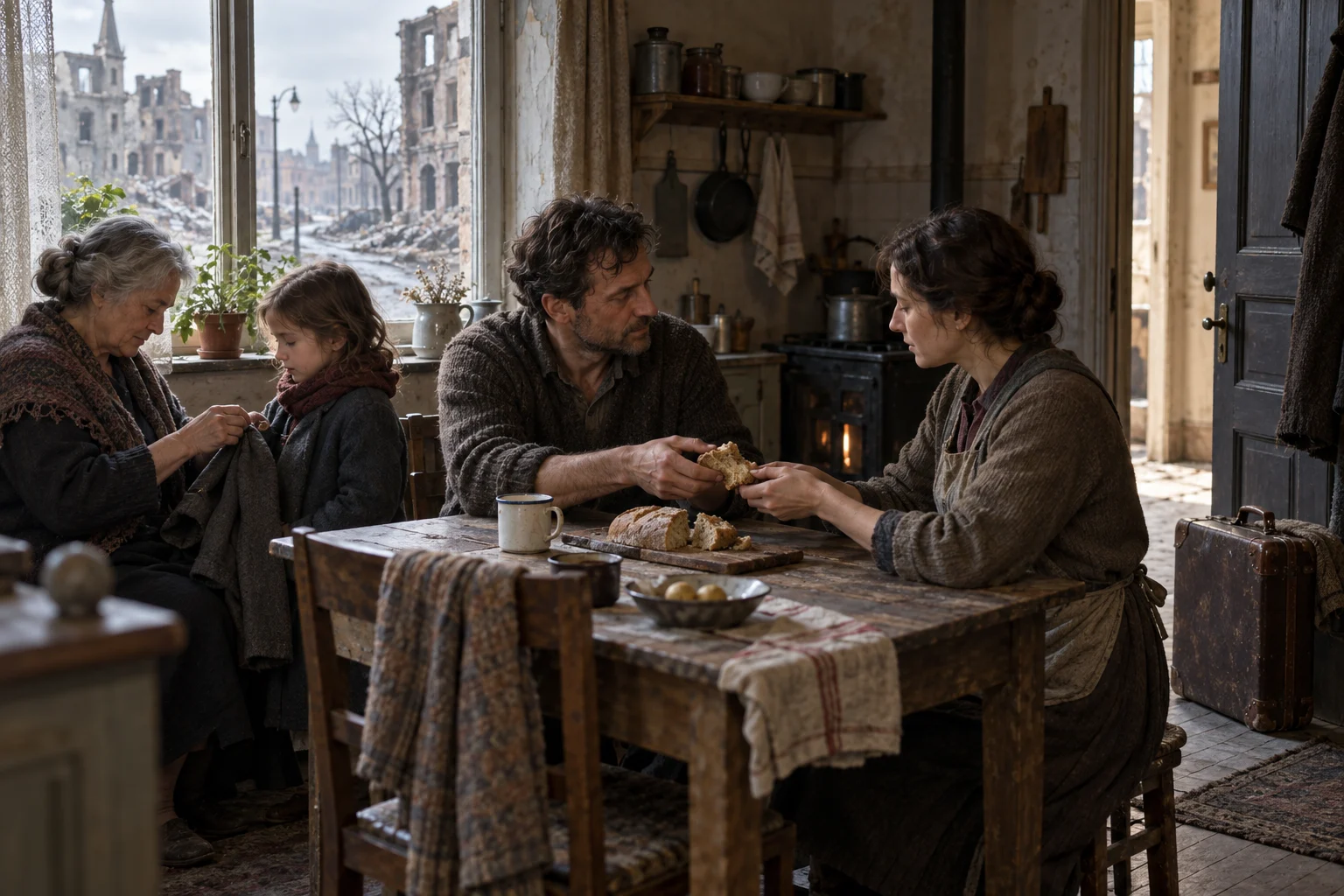 Neighbors share food and repair a coat in a fictional wartime household.