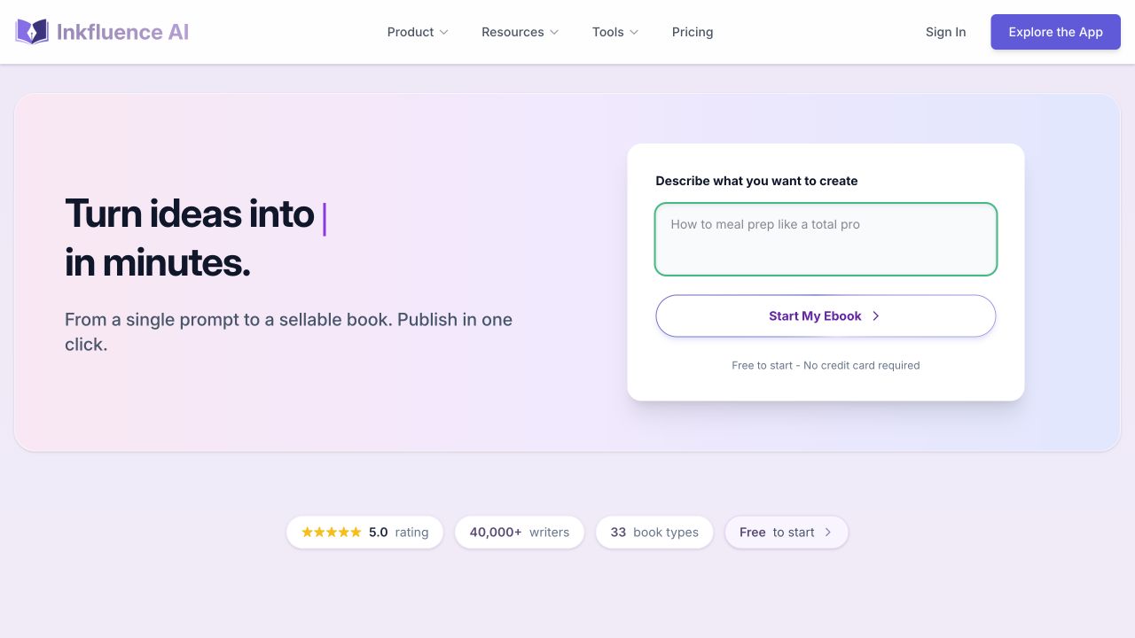Inkfluence AI official website showing its AI ebook creation interface