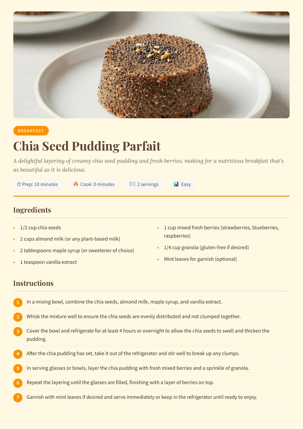 Chia seed pudding parfait recipe page with generated food photography
