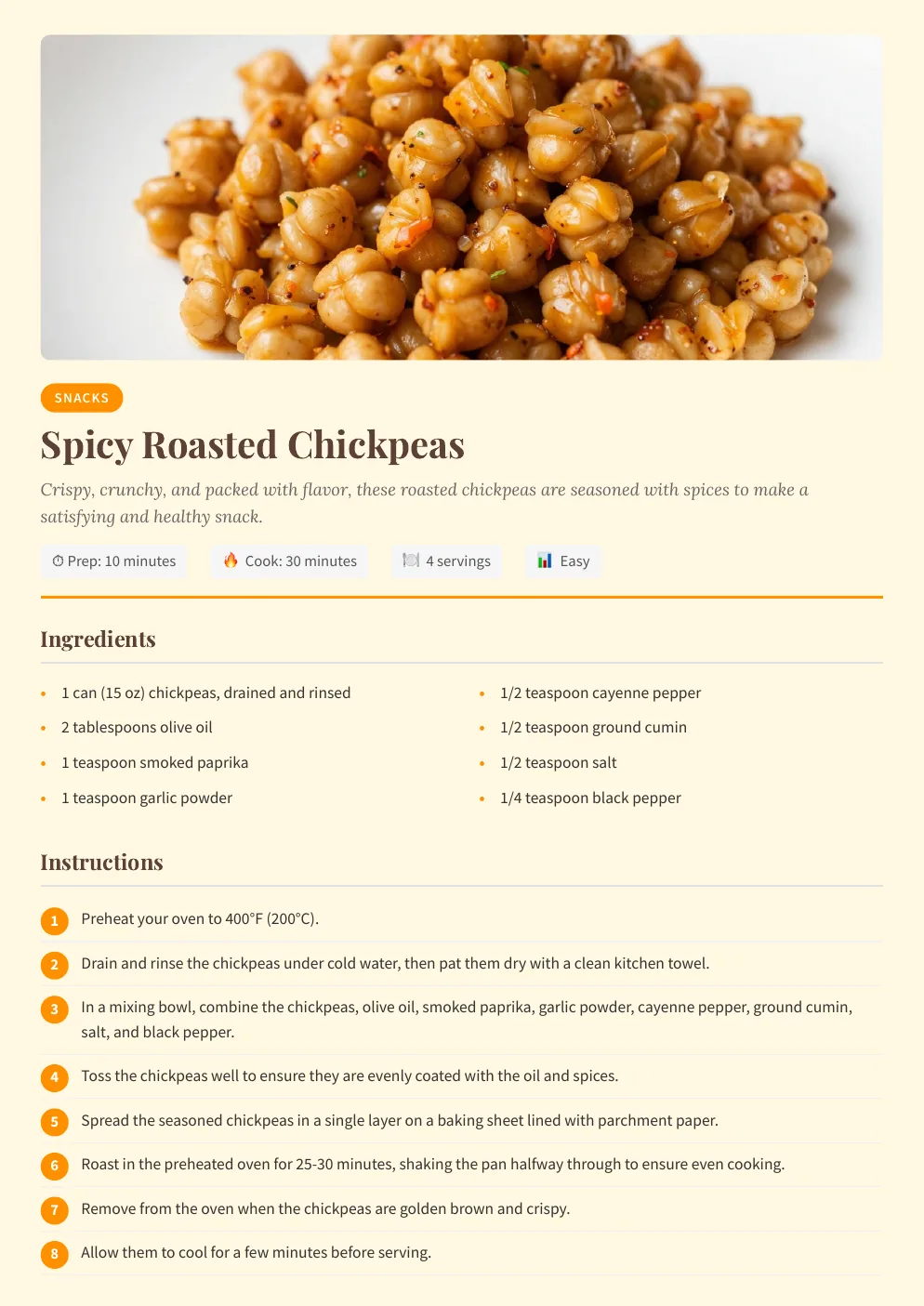 Spicy roasted chickpeas recipe page with ingredients and numbered steps