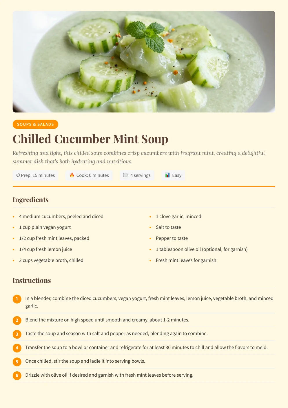 Chilled cucumber mint soup recipe page generated in the cookbook layout
