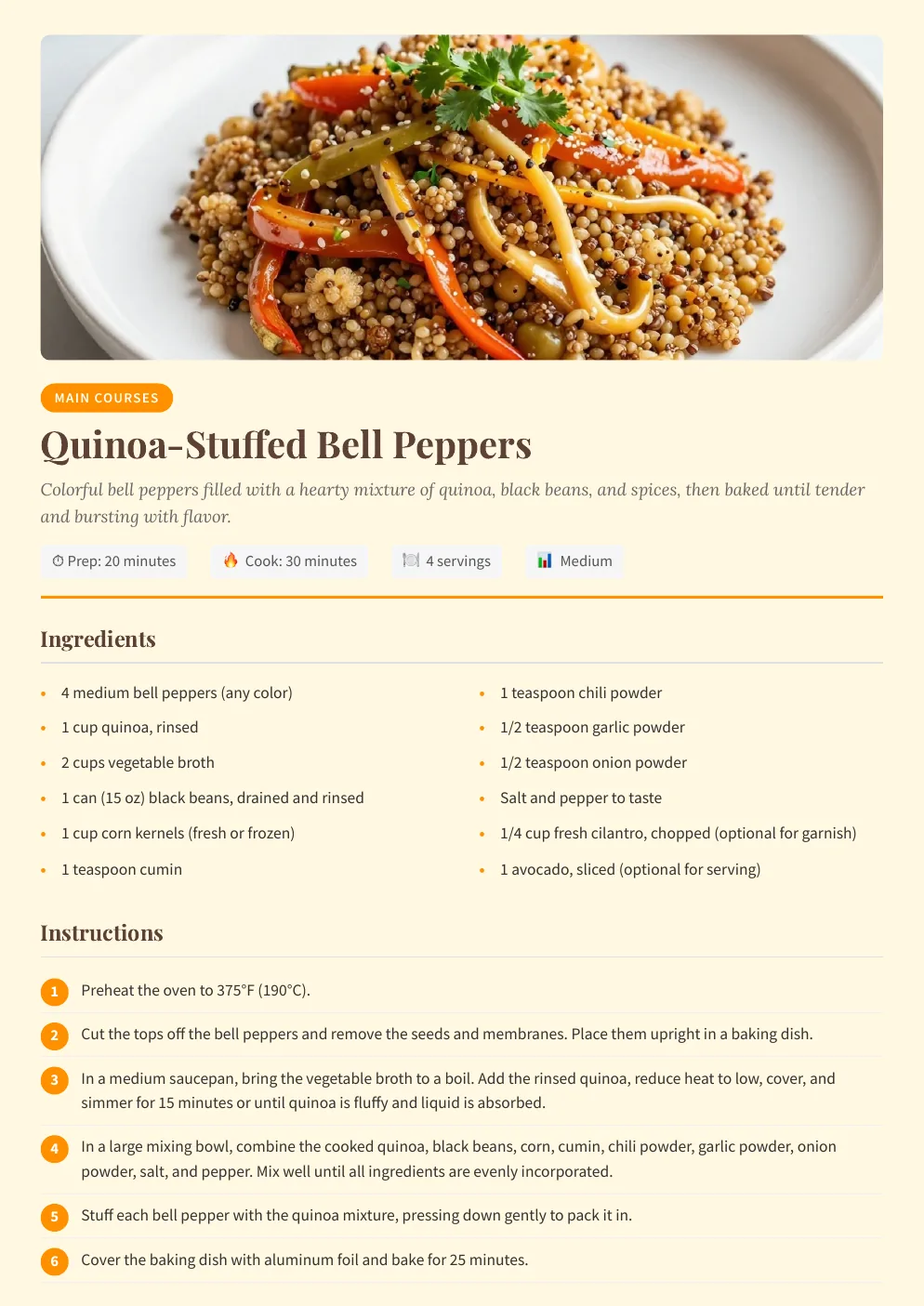 Quinoa-stuffed bell peppers recipe page from the real cookbook export