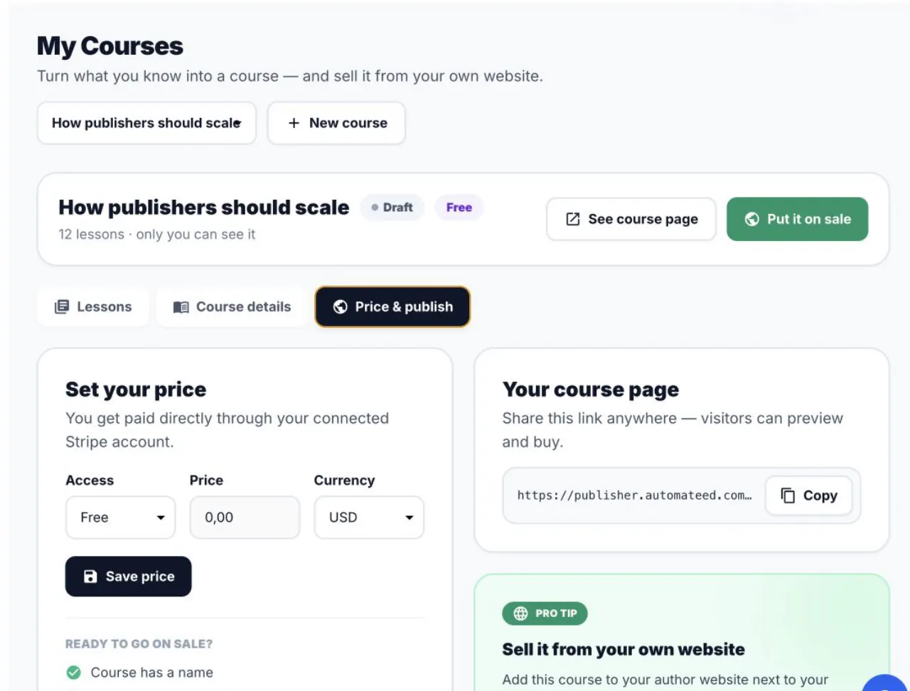 Automateed Course Maker Price and publish tab
