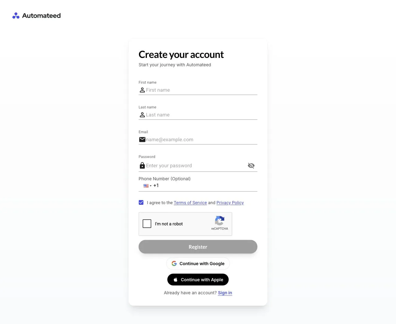 Automateed account registration form