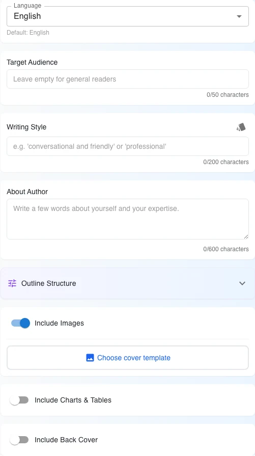 Current Advanced Settings fields for audience, writing style and author context