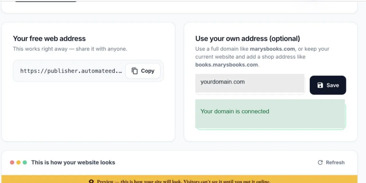 Automateed free site address and sanitized custom domain connection panel
