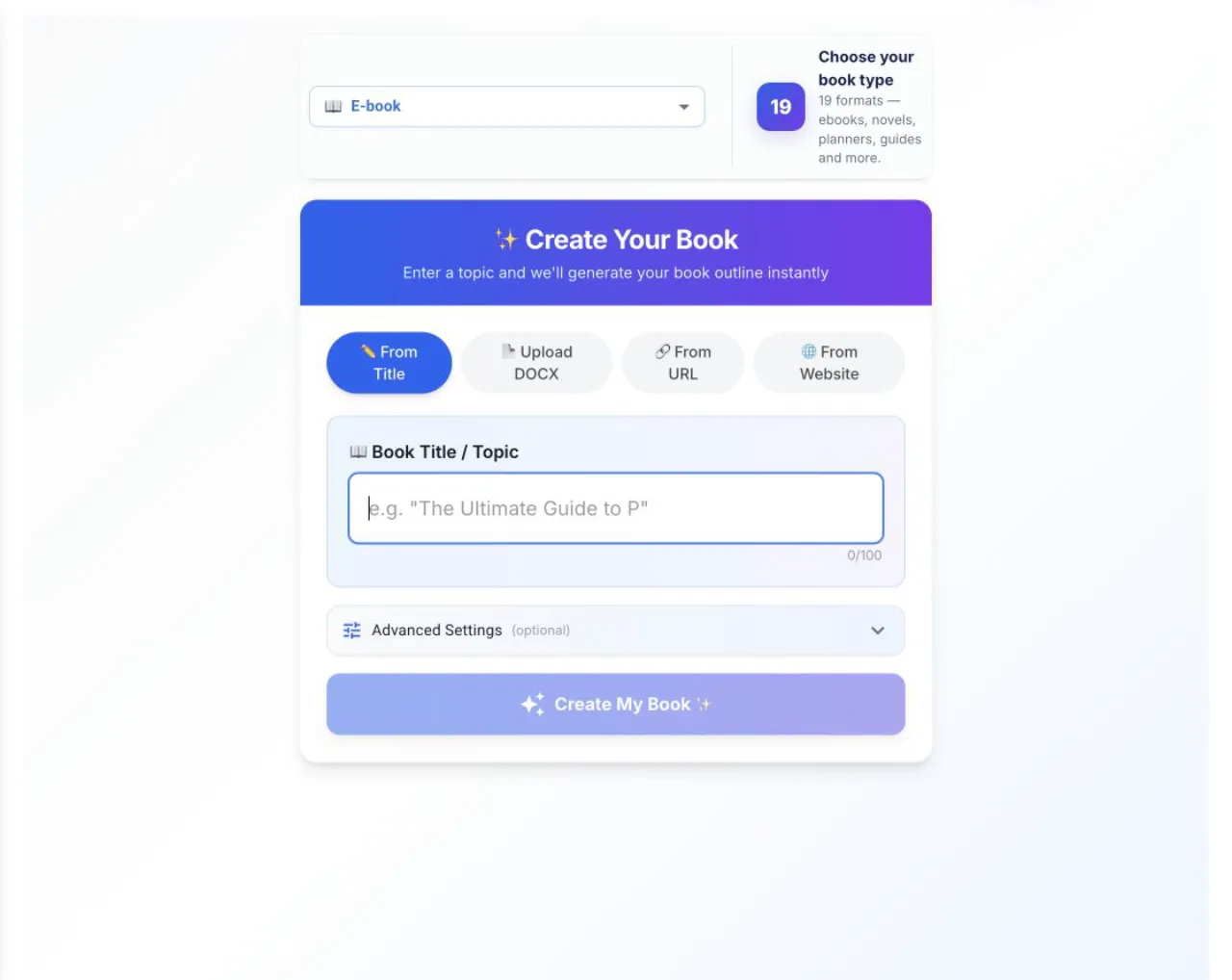 Automateed book creation form with Advanced Settings
