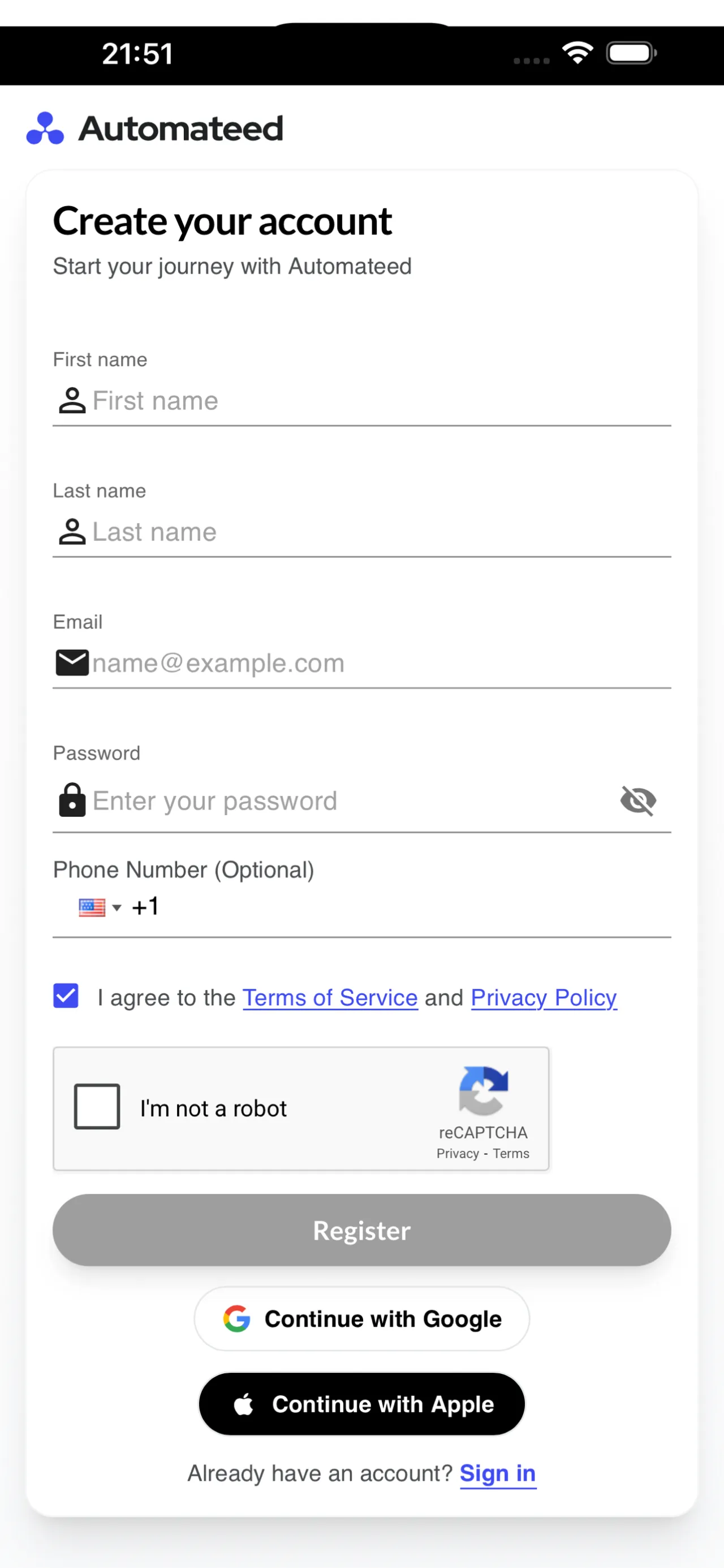 Automateed mobile registration and sign-in screen