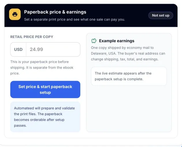 Automateed Paperback price and earnings setup panel