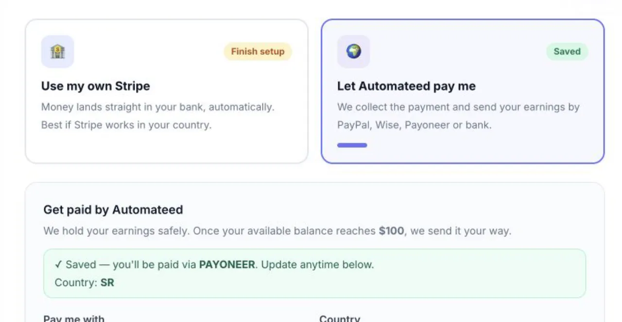 Use my own Stripe and Let Automateed pay me payout cards