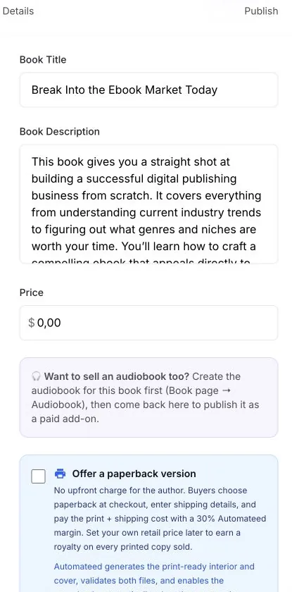 Automateed publishing form with product details and price