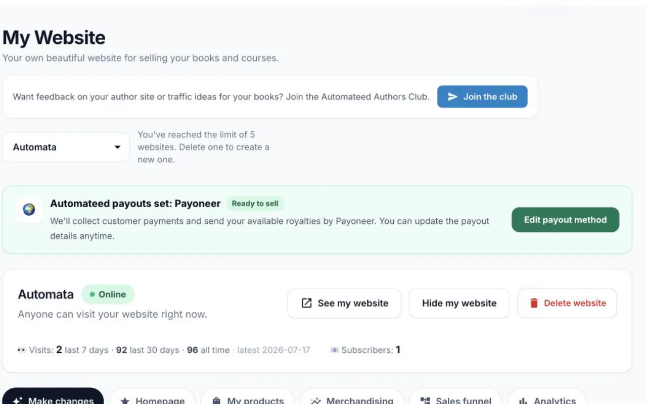 Automateed Publisher Sites overview with site controls