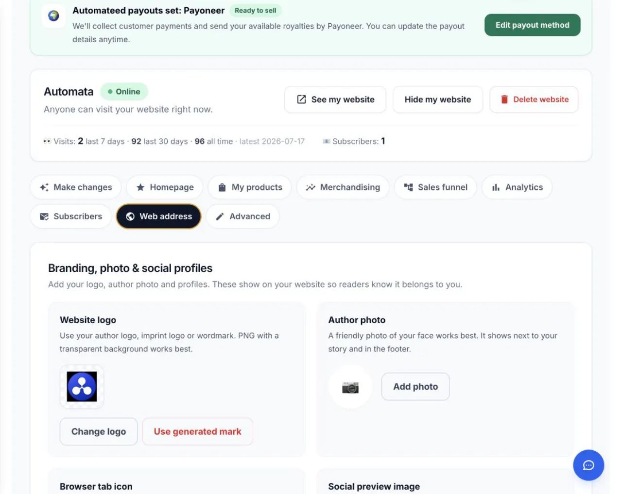 Automateed Publisher Site logo, author photo and browser tab icon controls
