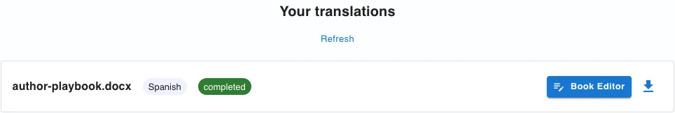 Completed translation row with Book Editor and download actions